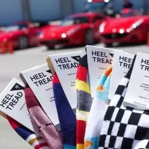 Heel tread seller testimonial showing car enthusiast patterned socks